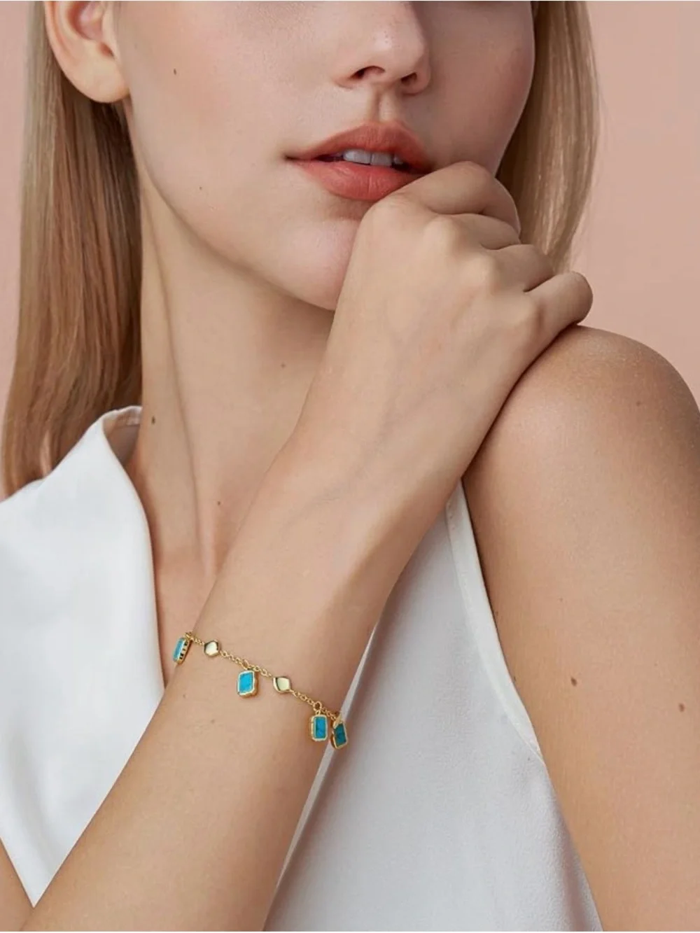 NEW 14K Gold Plated Chain Bracelet with Turquoise Stone Charms